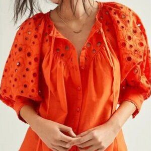 Anthropologie Chantal Orange Eyelet Puff Sleeve Blouse Lace Top
